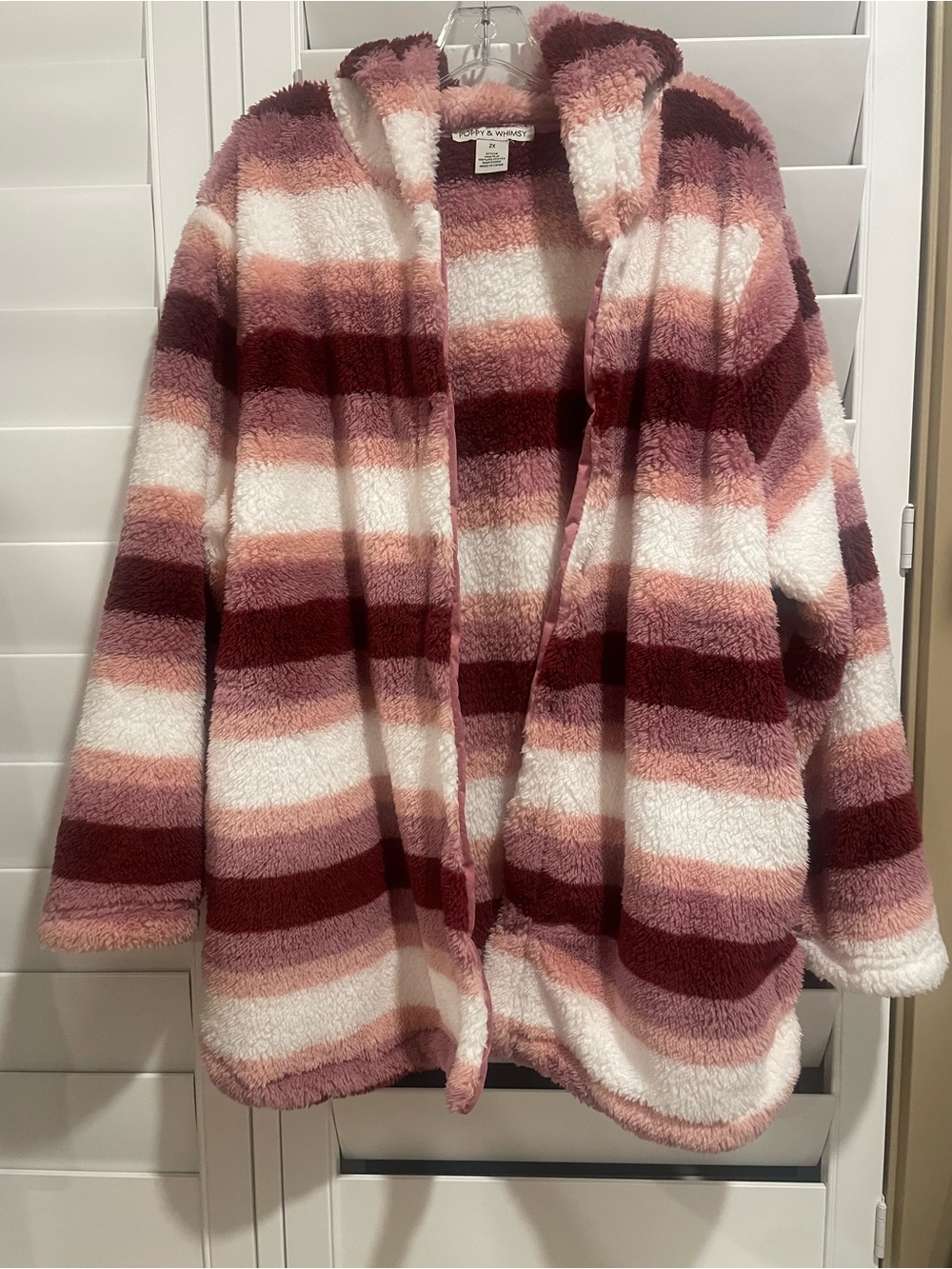 Poppy & Whimsy Plush Striped Sherpa Hoodie - Pink, Burgundy & White